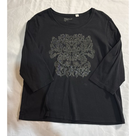 Tops - Chico's Zenergy Black Rhinestone Top 3/4 Sleeve Size 3